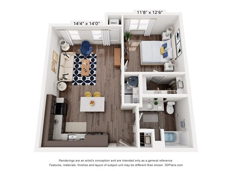 Floor plan for 1 bed, 1 bath, 706 sqft